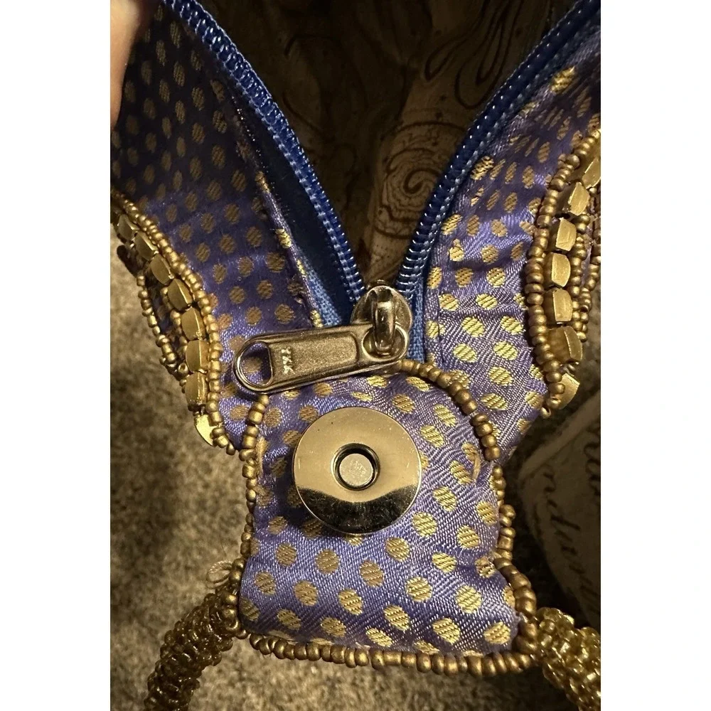 Fortune Cookie Bag Purse Wristlet Blue/Purple w/ Gold color Beads w/ Embroidery